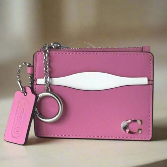 Coach Wavy Zip Card Case Wallet Coachtopia Pink Leather Key Ring CBM04 - Picture 1 of 8